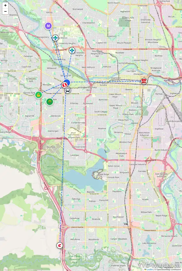 Daily accessibility map for 3516 8 AV SW, Calgary showing nearby schools, grocery stores, parks, LRT stations and nearby amenities