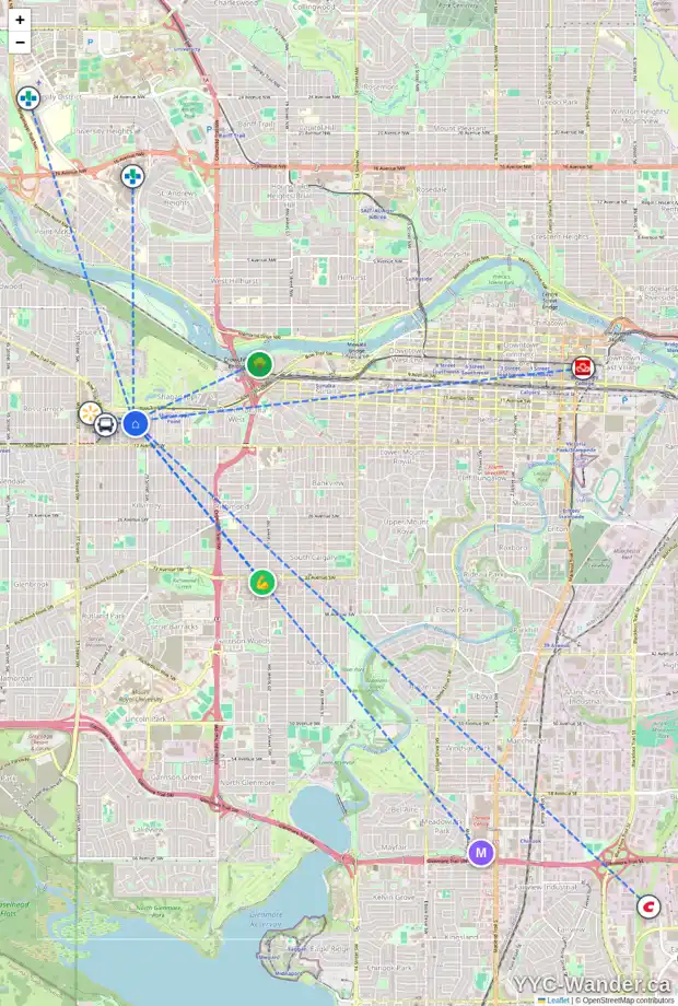 Daily accessibility map for 3111 13 AV SW, Calgary showing nearby schools, grocery stores, parks, LRT stations and nearby amenities
