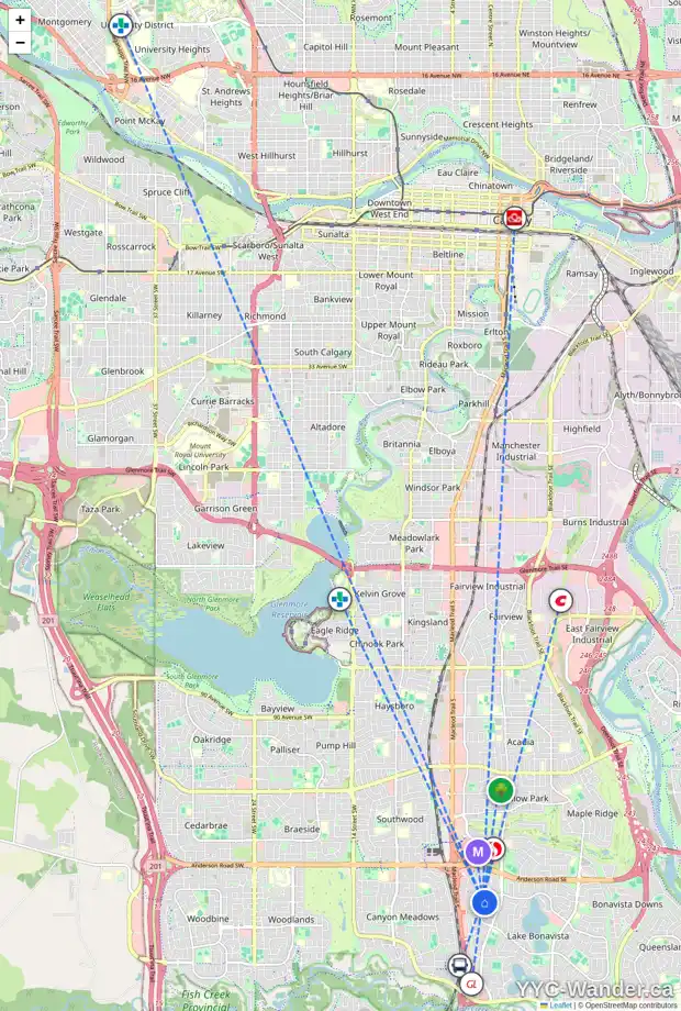 Daily accessibility map for 108 LAKE WASA PL SE, Calgary showing nearby schools, grocery stores, parks, LRT stations and nearby amenities