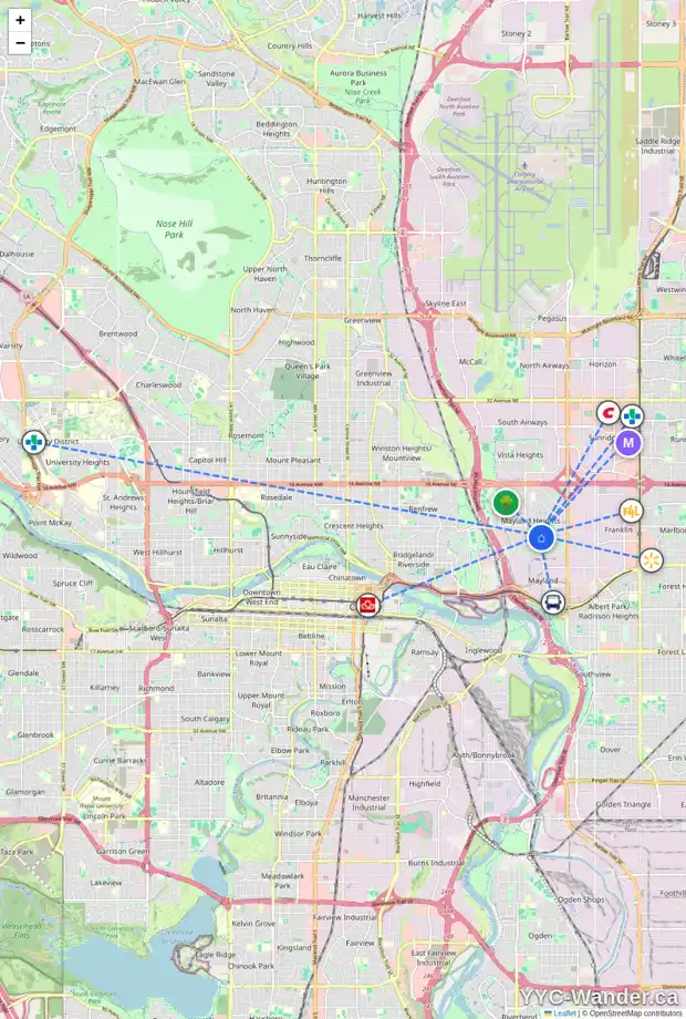 Daily accessibility map for 727 MACLEAY RD NE, Calgary showing nearby schools, grocery stores, parks, LRT stations and nearby amenities