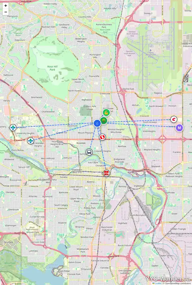 Daily accessibility map for 232 27 AV NW, Calgary showing nearby schools, grocery stores, parks, LRT stations and nearby amenities