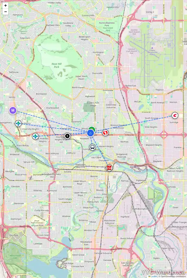 Daily accessibility map for 701 18 AV NW, Calgary showing nearby schools, grocery stores, parks, LRT stations and nearby amenities