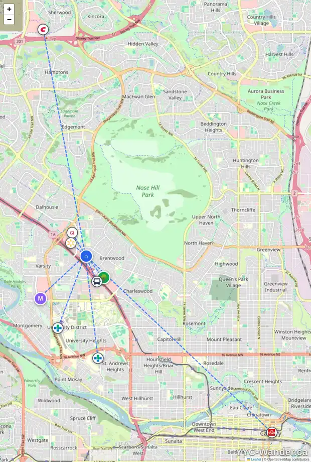 Daily accessibility map for 3423 BUTTON RD NW, Calgary showing nearby schools, grocery stores, parks, LRT stations and nearby amenities