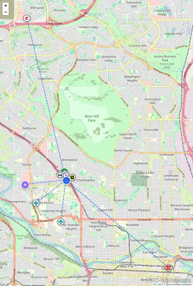 Daily accessibility map for 3524 31 ST NW, Calgary showing nearby schools, grocery stores, parks, LRT stations and nearby amenities