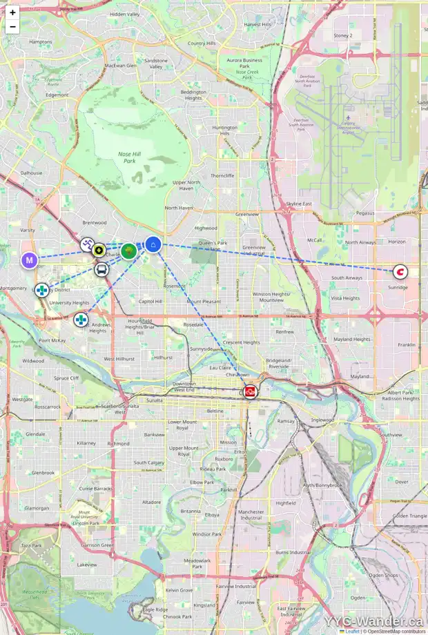Daily accessibility map for 44 CALANDAR RD NW, Calgary showing nearby schools, grocery stores, parks, LRT stations and nearby amenities