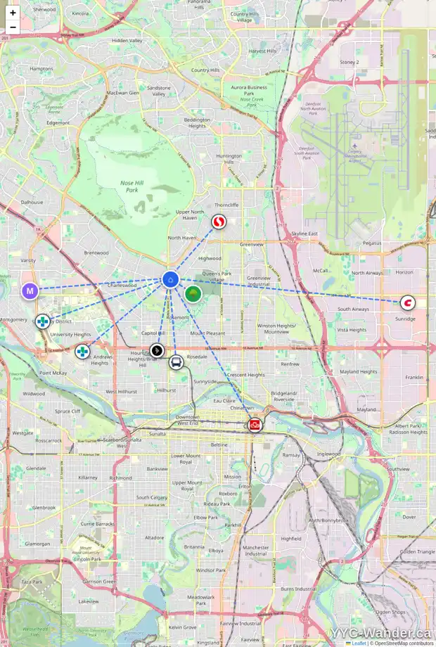 Daily accessibility map for 3812 14 ST NW, Calgary showing nearby schools, grocery stores, parks, LRT stations and nearby amenities
