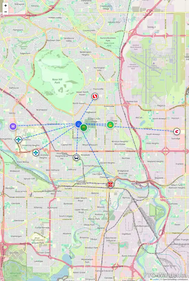 Daily accessibility map for 113 CUMBERLAND DR NW, Calgary showing nearby schools, grocery stores, parks, LRT stations and nearby amenities