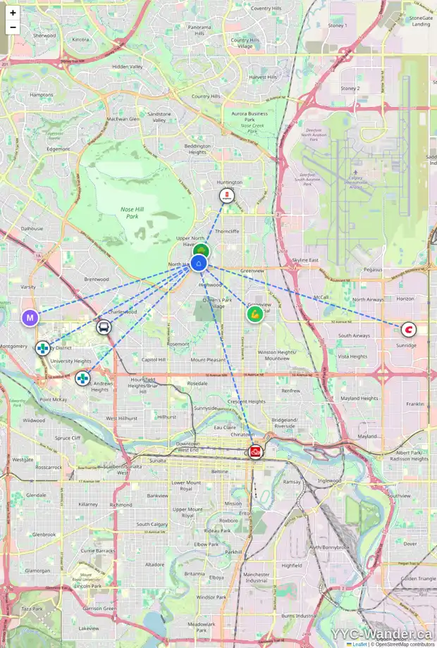 Daily accessibility map for 1103 TRAFFORD DR NW, Calgary showing nearby schools, grocery stores, parks, LRT stations and nearby amenities
