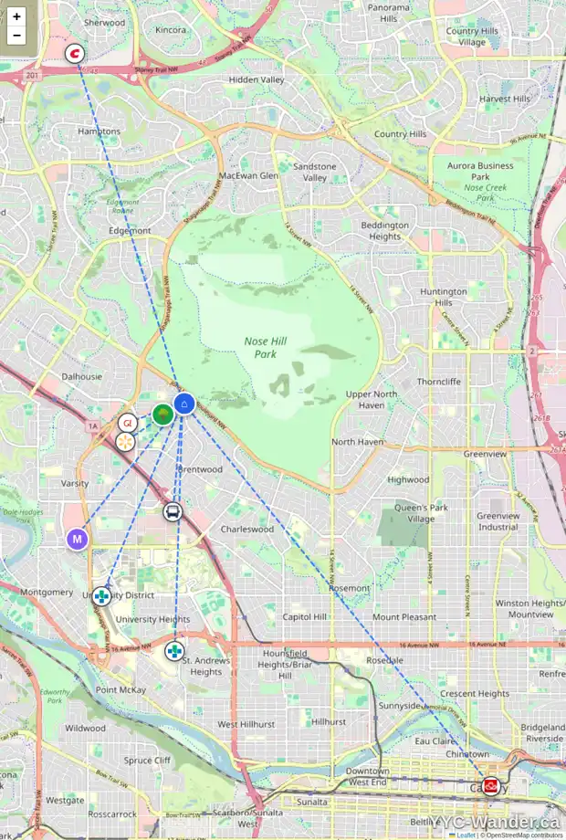 Daily accessibility map for 5344 BANNERMAN DR NW, Calgary showing nearby schools, grocery stores, parks, LRT stations and nearby amenities