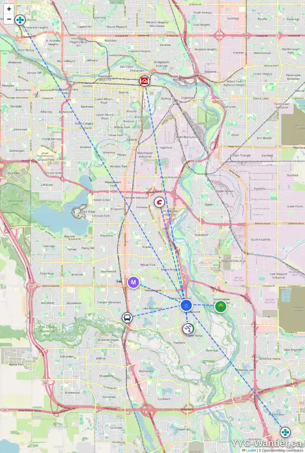 Daily accessibility map for 210 DIAMOND BA SE, Calgary showing nearby schools, grocery stores, parks, LRT stations and nearby amenities