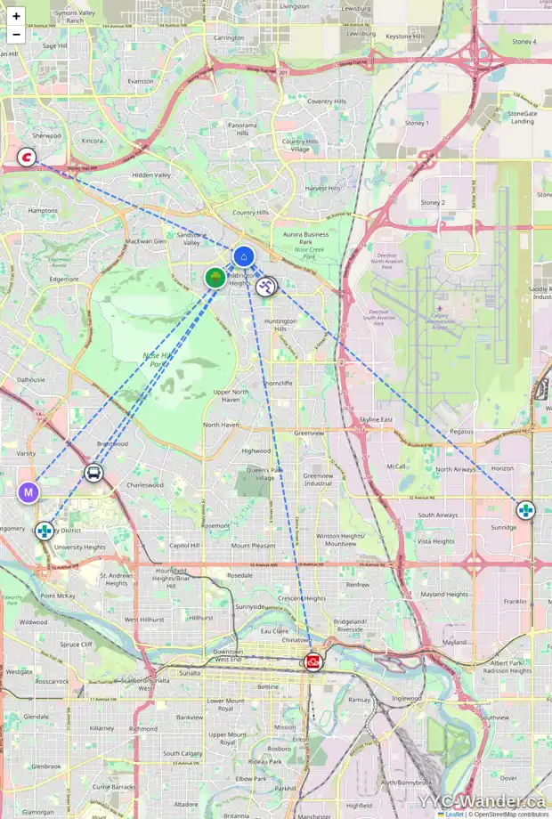 Daily accessibility map for 232 BERKSHIRE PL NW, Calgary showing nearby schools, grocery stores, parks, LRT stations and nearby amenities