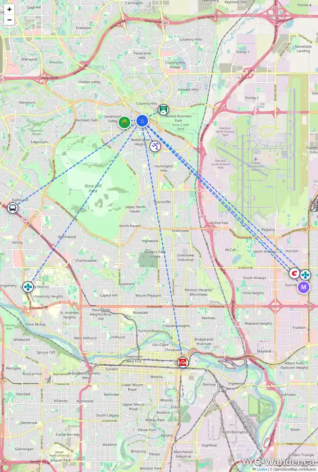 Daily accessibility map for 523 BERNARD ME NW, Calgary showing nearby schools, grocery stores, parks, LRT stations and nearby amenities