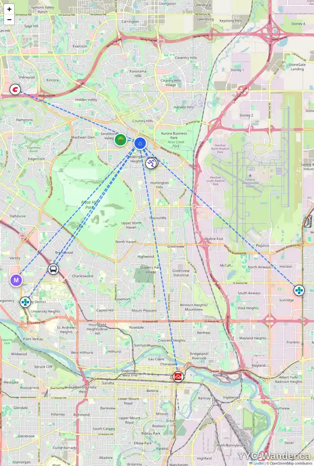 Daily accessibility map for 160 BERNARD DR NW, Calgary showing nearby schools, grocery stores, parks, LRT stations and nearby amenities