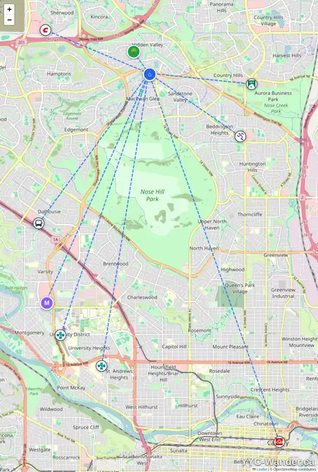 Daily accessibility map for 623 MACEWAN VALLEY RD NW, Calgary showing nearby schools, grocery stores, parks, LRT stations and nearby amenities