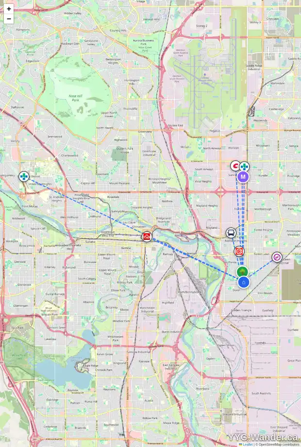 Daily accessibility map for 3304 33 ST SE, Calgary showing nearby schools, grocery stores, parks, LRT stations and nearby amenities