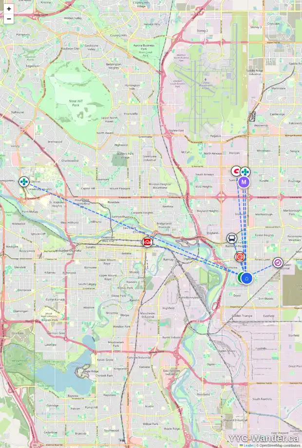 Daily accessibility map for 3616 27A AV SE, Calgary showing nearby schools, grocery stores, parks, LRT stations and nearby amenities