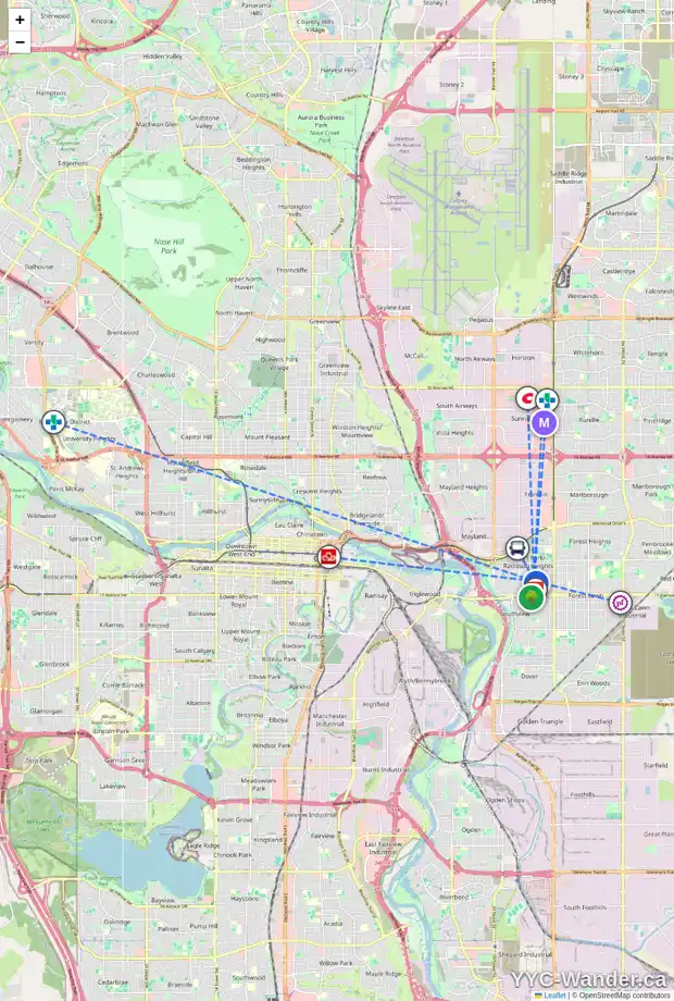 Daily accessibility map for 1520 ROULEAU CR SE, Calgary showing nearby schools, grocery stores, parks, LRT stations and nearby amenities