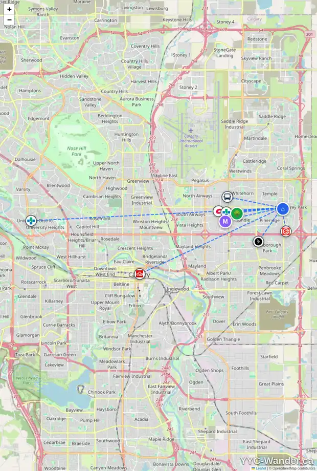 Daily accessibility map for 1043 PINECLIFF DR NE, Calgary showing nearby schools, grocery stores, parks, LRT stations and nearby amenities