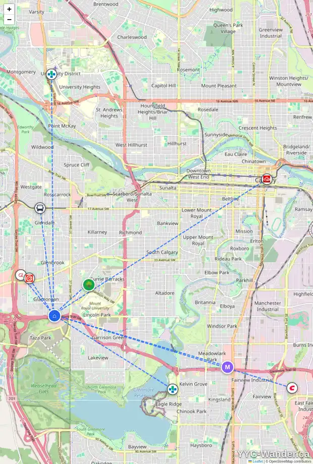 Daily accessibility map for 159 GALBRAITH DR SW, Calgary showing nearby schools, grocery stores, parks, LRT stations and nearby amenities