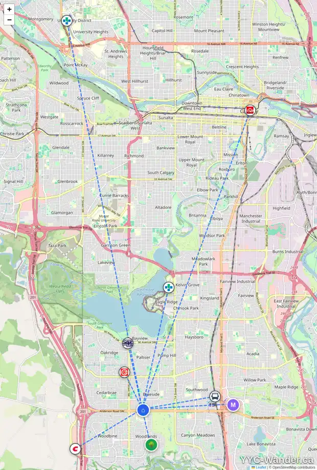 Daily accessibility map for 280 BRACEWOOD RD SW, Calgary showing nearby schools, grocery stores, parks, LRT stations and nearby amenities