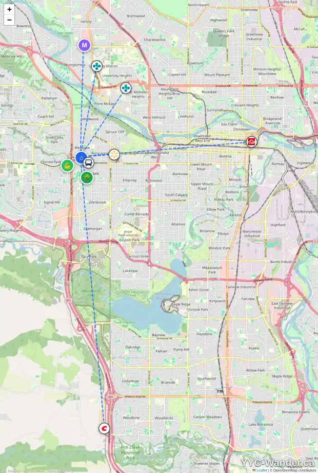 Daily accessibility map for 47 WASKATENAU CR SW, Calgary showing nearby schools, grocery stores, parks, LRT stations and nearby amenities