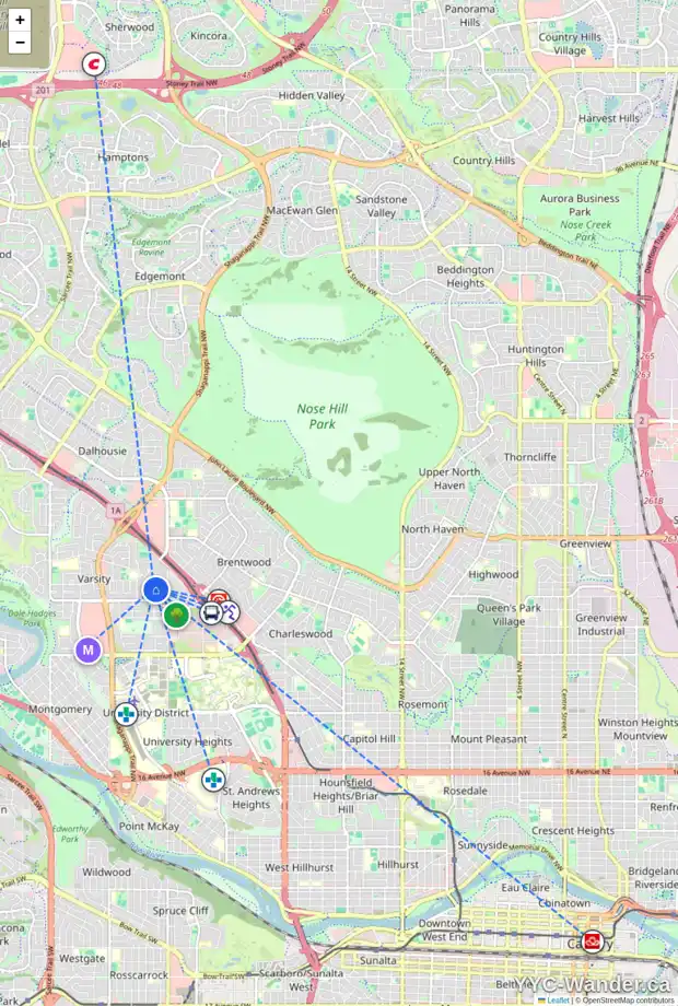 Daily accessibility map for 3847 VARSITY DR NW, Calgary showing nearby schools, grocery stores, parks, LRT stations and nearby amenities