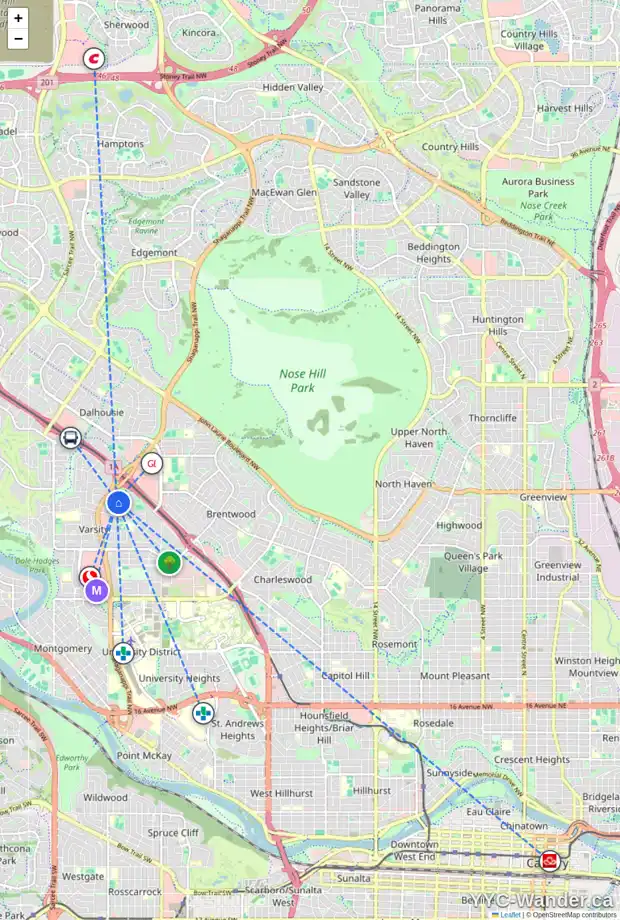 Daily accessibility map for 4812 VERONA DR NW, Calgary showing nearby schools, grocery stores, parks, LRT stations and nearby amenities