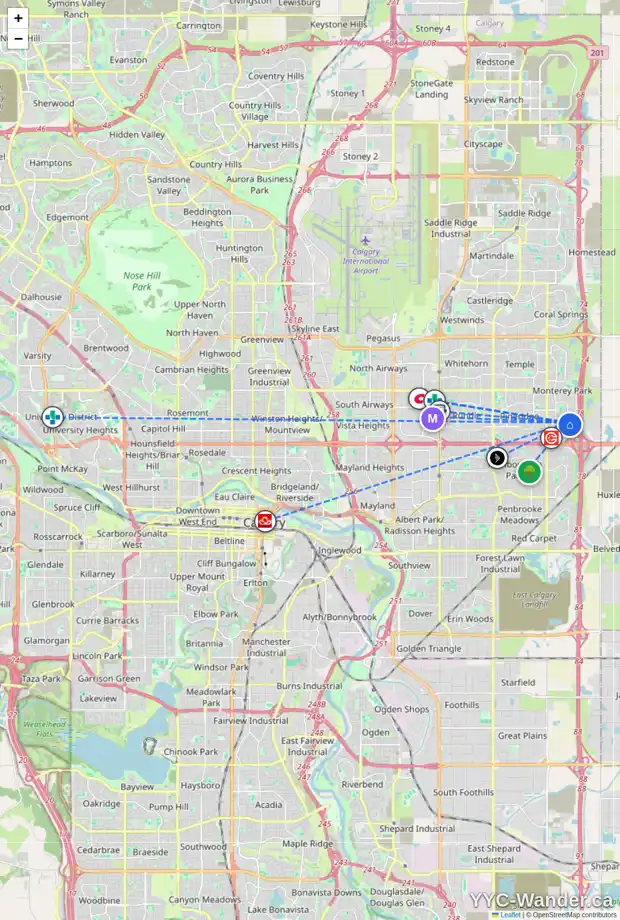 Daily accessibility map for 7131 CALIFORNIA BV NE, Calgary showing nearby schools, grocery stores, parks, LRT stations and nearby amenities