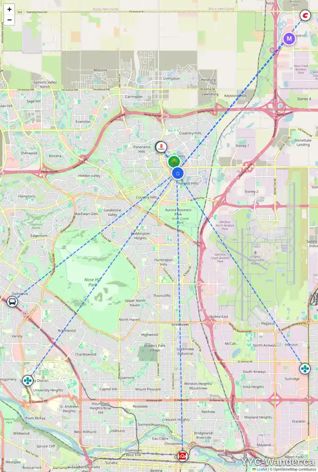 Daily accessibility map for 159 HARVEST OAK CR NE, Calgary showing nearby schools, grocery stores, parks, LRT stations and nearby amenities