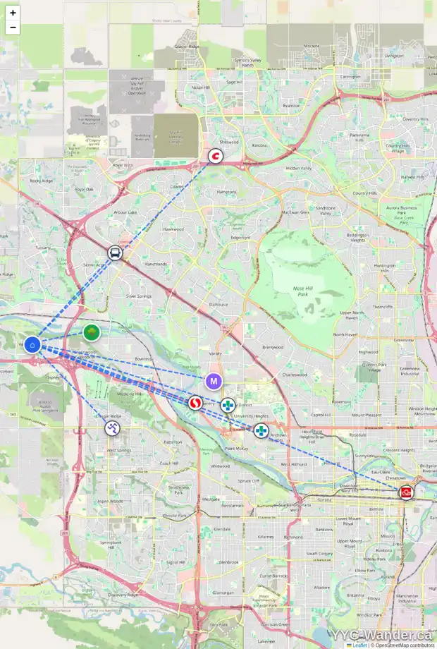 Daily accessibility map for 113 VALLEY RIDGE CO NW, Calgary showing nearby schools, grocery stores, parks, LRT stations and nearby amenities