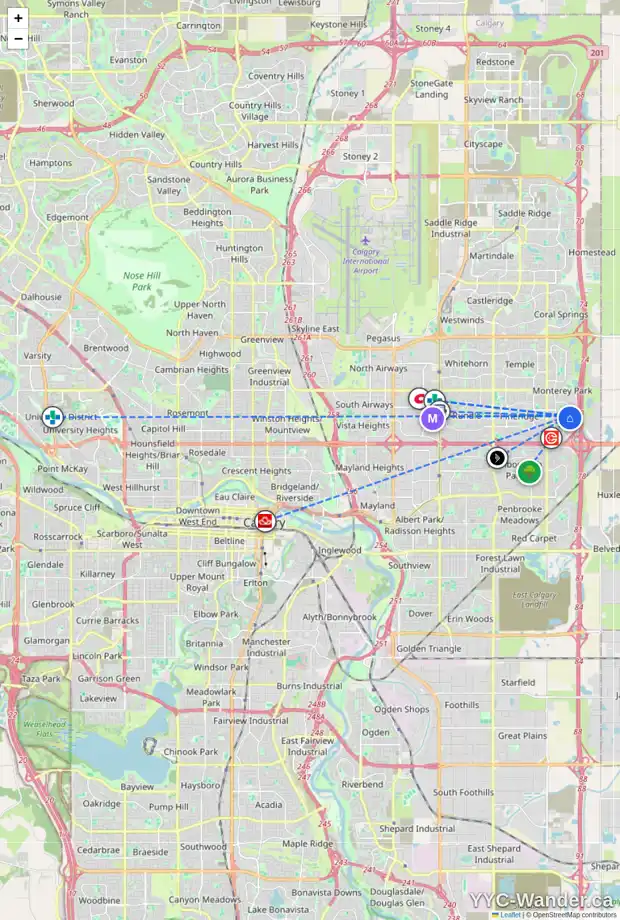Daily accessibility map for 7189 CALIFORNIA BV NE, Calgary showing nearby schools, grocery stores, parks, LRT stations and nearby amenities