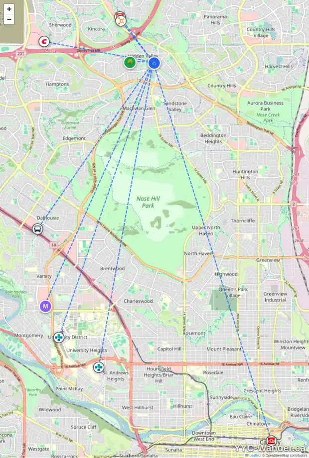 Daily accessibility map for 156 HIDDEN SPRING CL NW, Calgary showing nearby schools, grocery stores, parks, LRT stations and nearby amenities