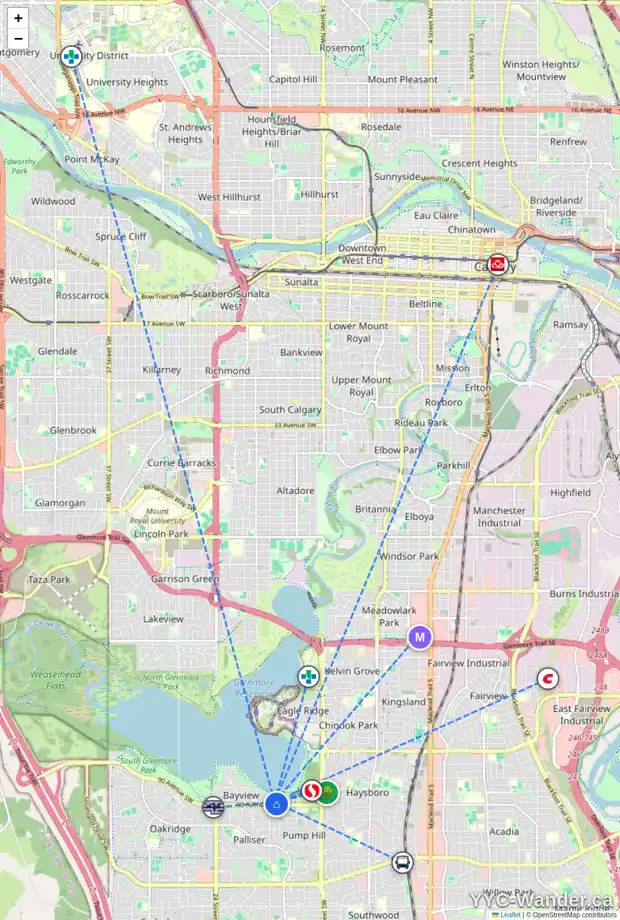 Daily accessibility map for 1911 BAY SHORE RD SW, Calgary showing nearby schools, grocery stores, parks, LRT stations and nearby amenities
