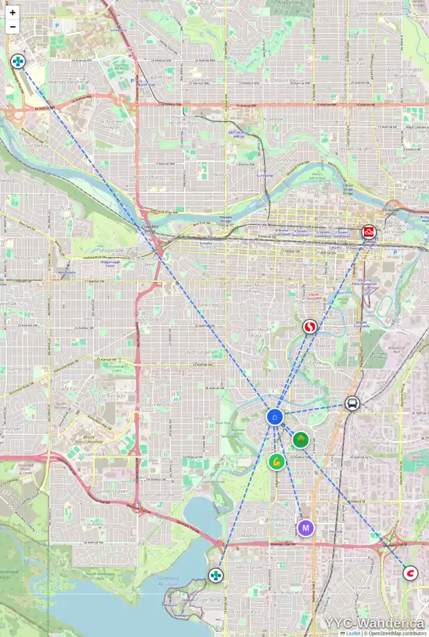 Daily accessibility map for 4236 BRITANNIA DR SW, Calgary showing nearby schools, grocery stores, parks, LRT stations and nearby amenities