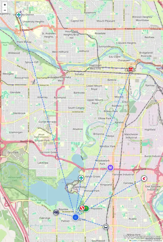 Daily accessibility map for 64 PUMPMEADOW CR SW, Calgary showing nearby schools, grocery stores, parks, LRT stations and nearby amenities