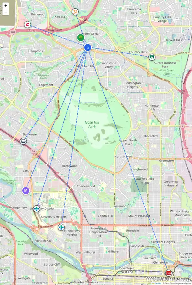 Daily accessibility map for 216 HIDDEN CI NW, Calgary showing nearby schools, grocery stores, parks, LRT stations and nearby amenities