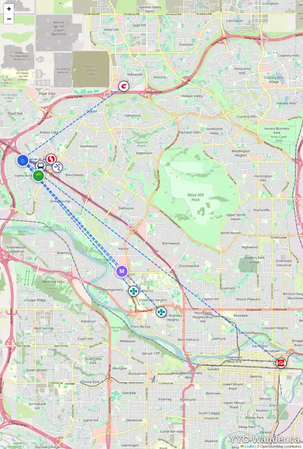 Daily accessibility map for 222 SCENIC VIEW BA NW, Calgary showing nearby schools, grocery stores, parks, LRT stations and nearby amenities