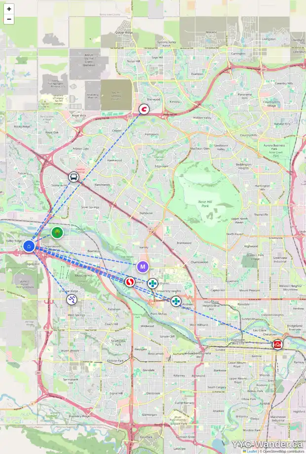 Daily accessibility map for 55 VALLEY BROOK CI NW, Calgary showing nearby schools, grocery stores, parks, LRT stations and nearby amenities