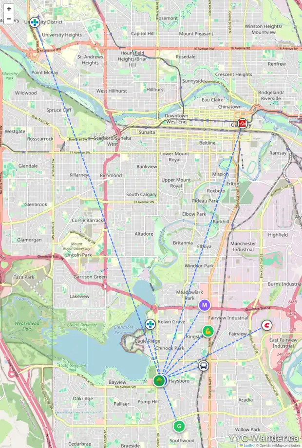 Daily accessibility map for 1415 89 AV SW, Calgary showing nearby schools, grocery stores, parks, LRT stations and nearby amenities