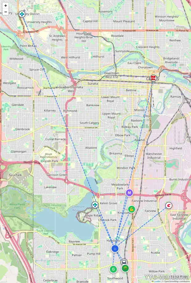 Daily accessibility map for 9430 ELBOW DR SW, Calgary showing nearby schools, grocery stores, parks, LRT stations and nearby amenities