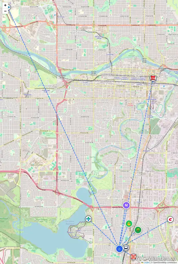 Daily accessibility map for 636 84 AV SW, Calgary showing nearby schools, grocery stores, parks, LRT stations and nearby amenities