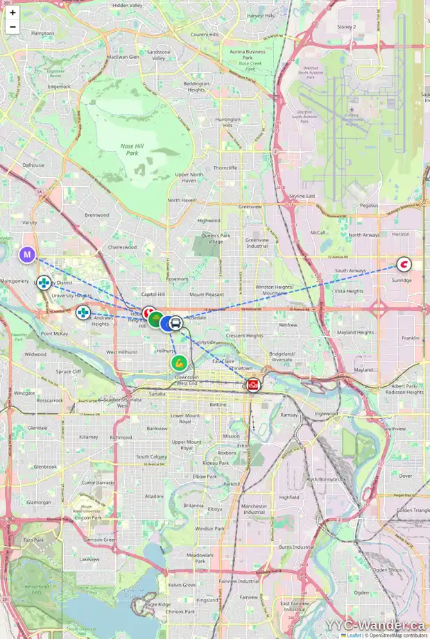 Daily accessibility map for 1327 14 ST NW, Calgary showing nearby schools, grocery stores, parks, LRT stations and nearby amenities