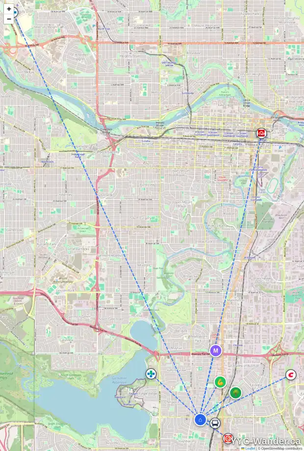 Daily accessibility map for 8 HEALY DR SW, Calgary showing nearby schools, grocery stores, parks, LRT stations and nearby amenities