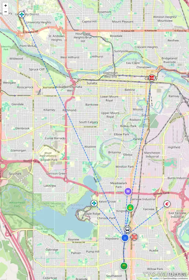 Daily accessibility map for 16 HAULTAIN PL SW, Calgary showing nearby schools, grocery stores, parks, LRT stations and nearby amenities