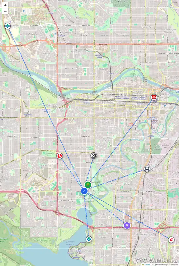 Daily accessibility map for 1714 50 AV SW, Calgary showing nearby schools, grocery stores, parks, LRT stations and nearby amenities