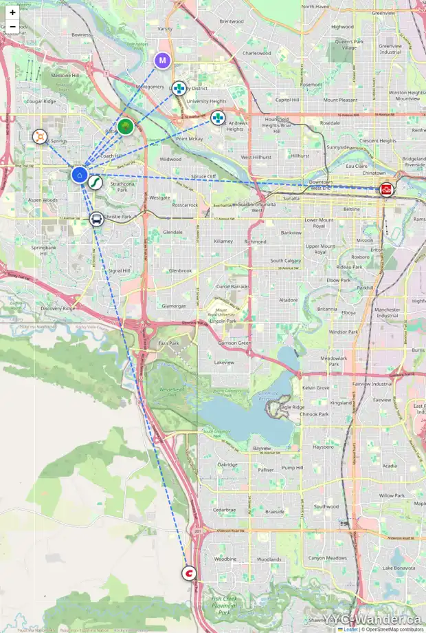 Daily accessibility map for 83 STRATHRIDGE GD SW, Calgary showing nearby schools, grocery stores, parks, LRT stations and nearby amenities