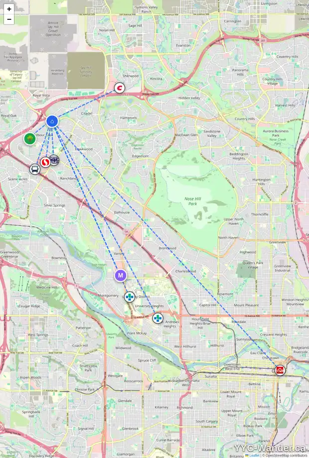 Daily accessibility map for 54 ARBOUR BUTTE CR NW, Calgary showing nearby schools, grocery stores, parks, LRT stations and nearby amenities