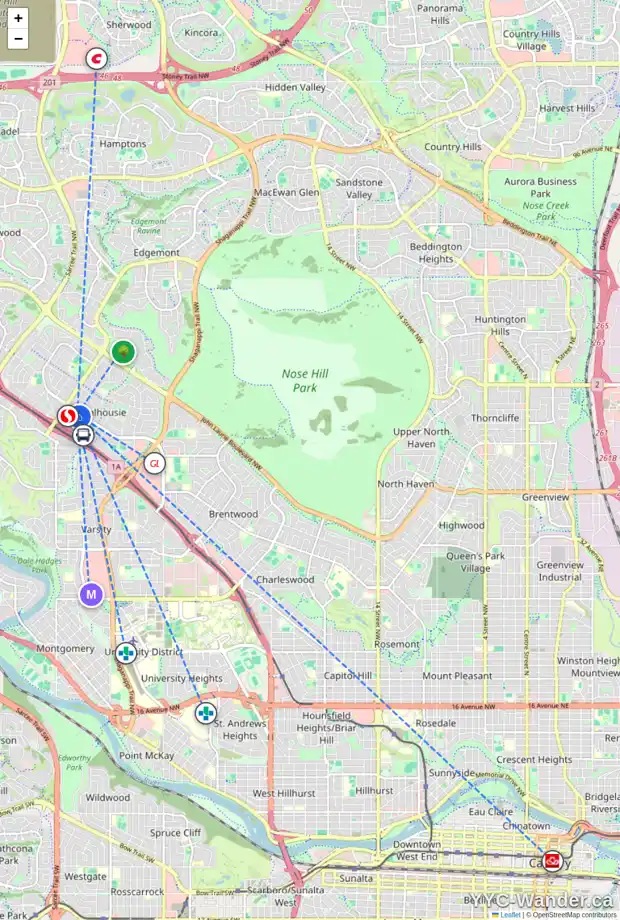 Daily accessibility map for 244 5201 DALHOUSIE DR NW, Calgary showing nearby schools, grocery stores, parks, LRT stations and nearby amenities