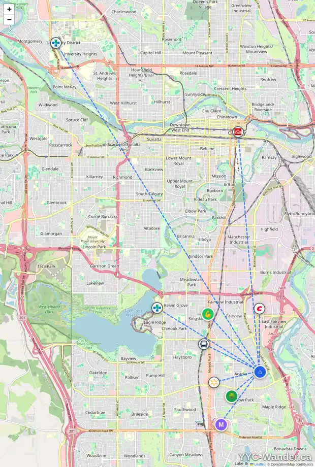 Daily accessibility map for 9443 ALMOND CR SE, Calgary showing nearby schools, grocery stores, parks, LRT stations and nearby amenities