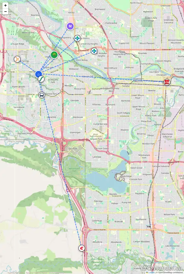 Daily accessibility map for 150 STRATHRIDGE CL SW, Calgary showing nearby schools, grocery stores, parks, LRT stations and nearby amenities